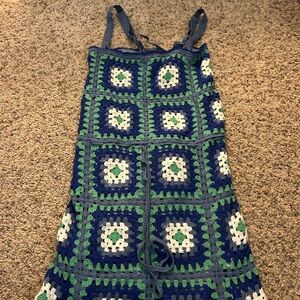 Lulu's Blue and Green Jumpsuit with Retro Crochet Design